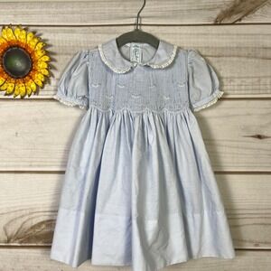 Vintage Feltman Bros Light Blue Smocked Baby Dress Puff Sleeves Lace 18M Cotton